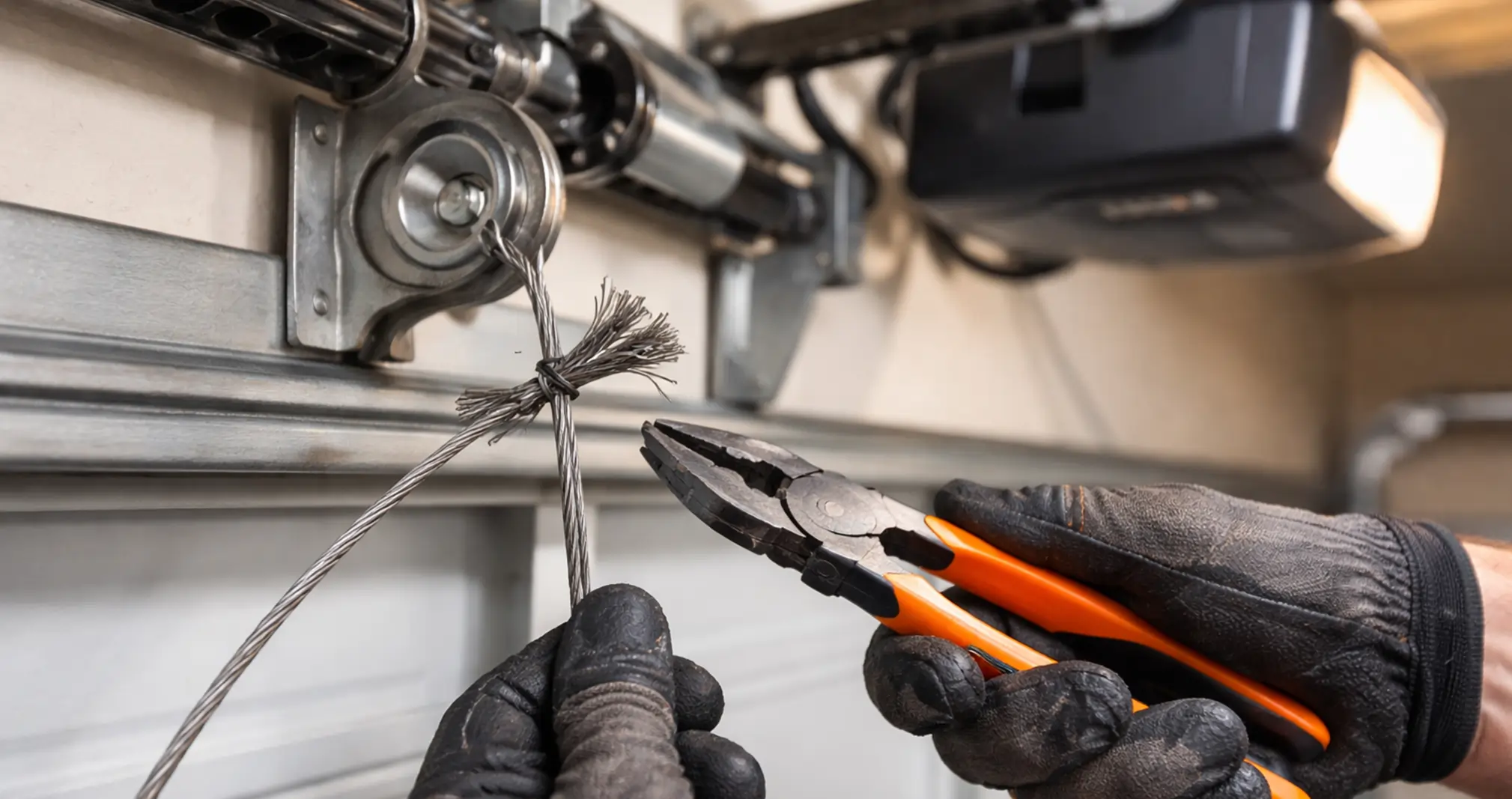 Garage door cable repair preventing damage to tracks and opener system