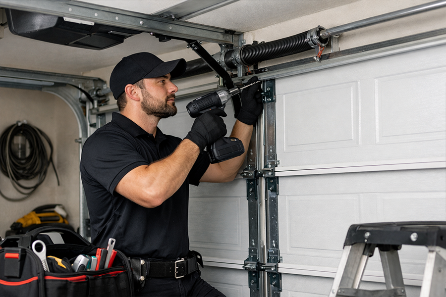 Garage door repair technician fixing residential overhead door system
