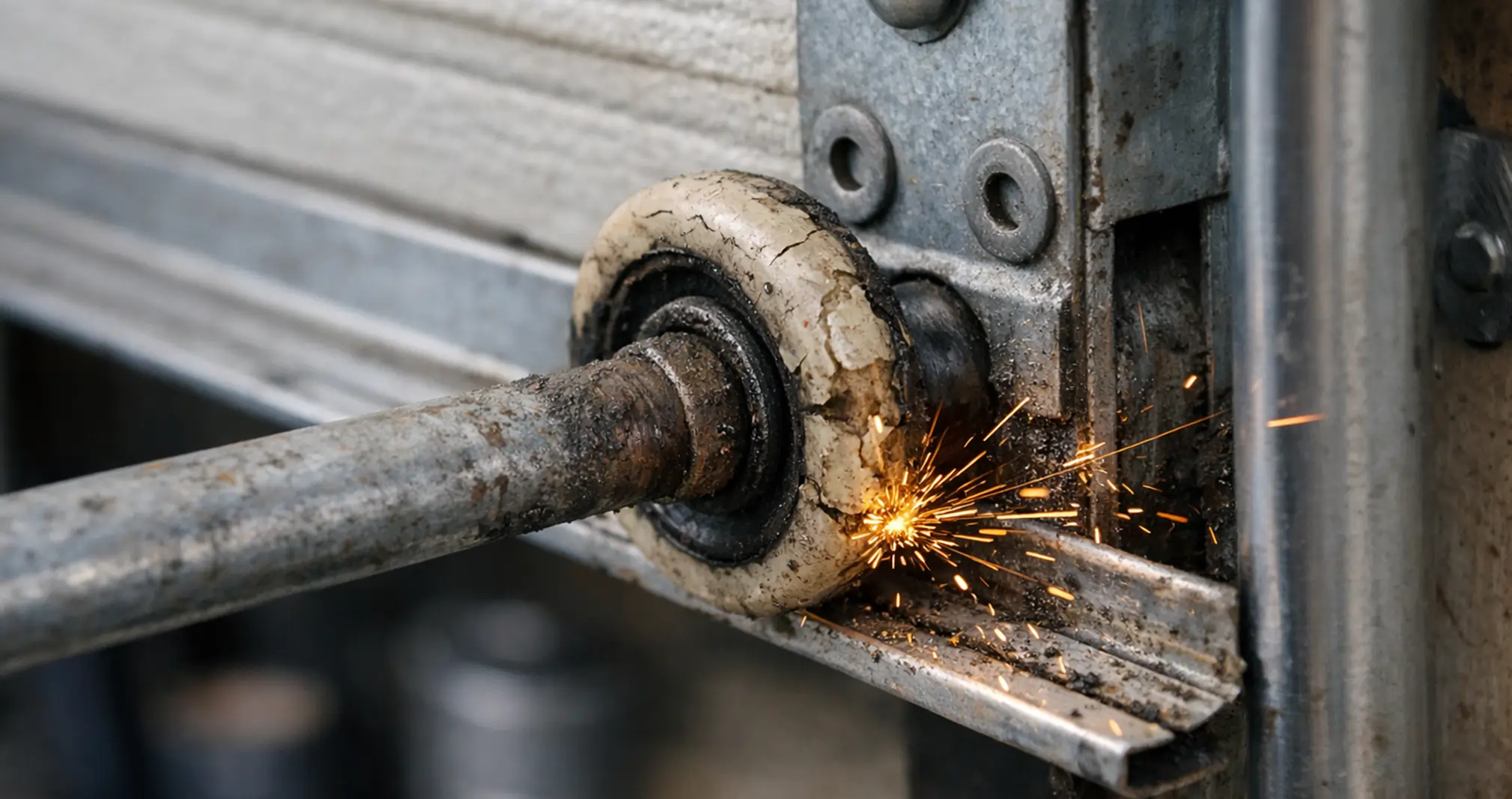 Unusual noise from worn garage door roller on track