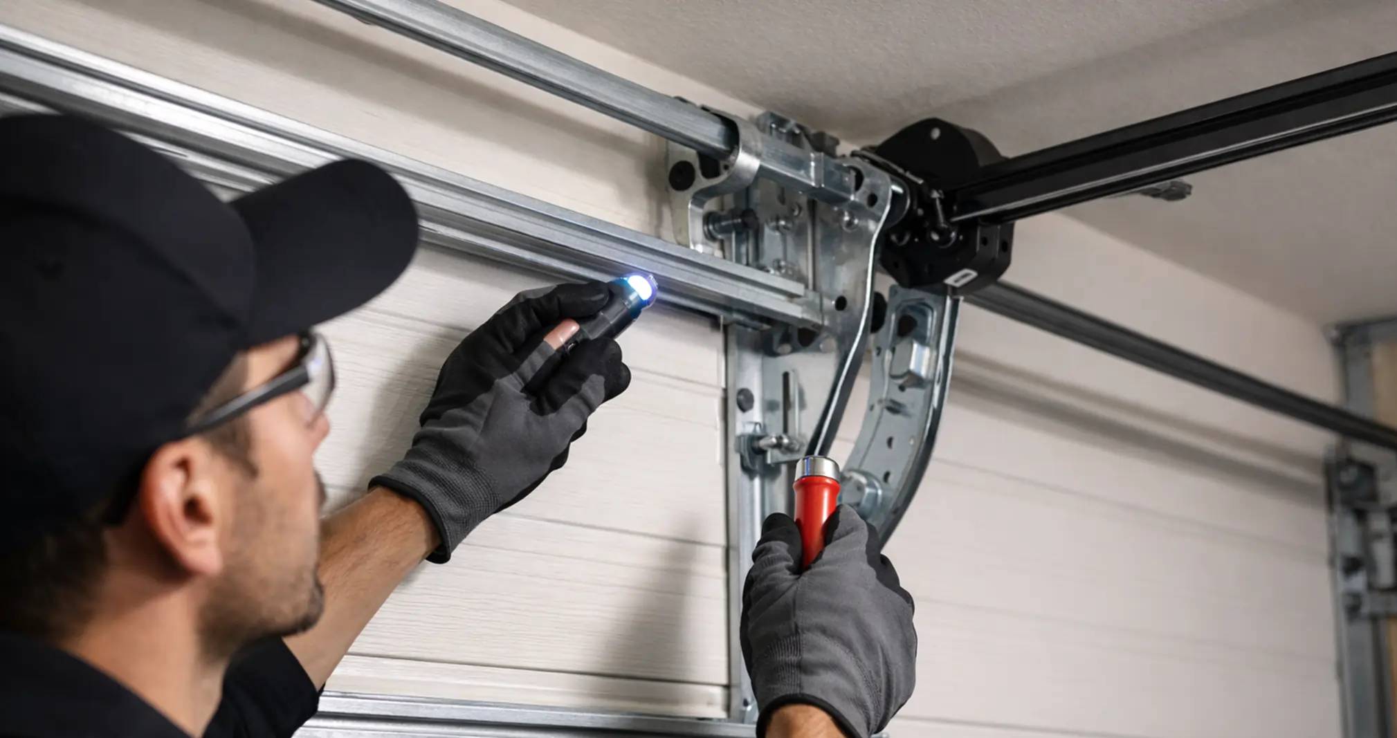 Garage door track inspection by technician checking alignment and brackets